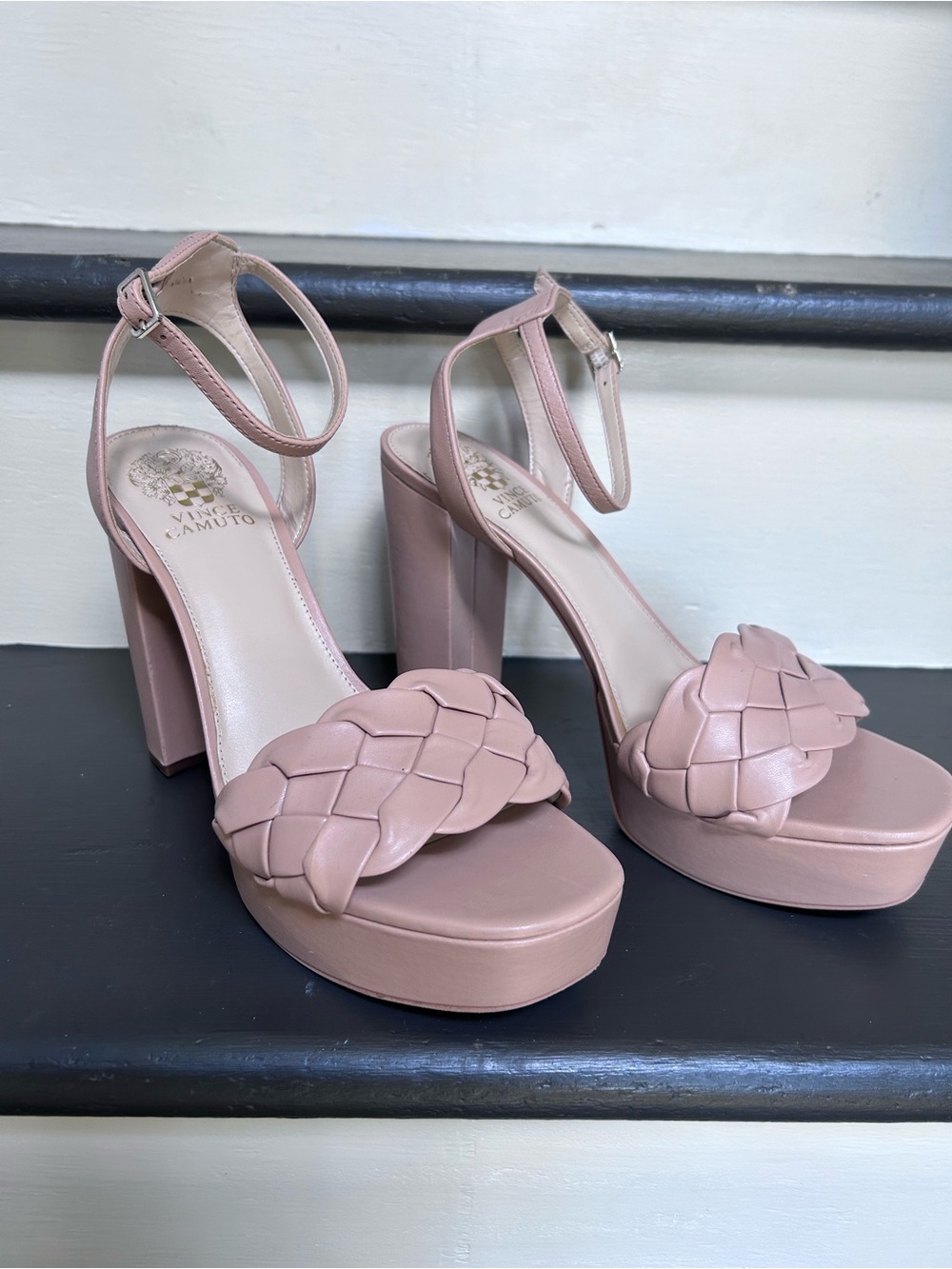Vince Camuto Women’s Mirinda Woven Platform Block Heels Beige Sandals, Size 9.5